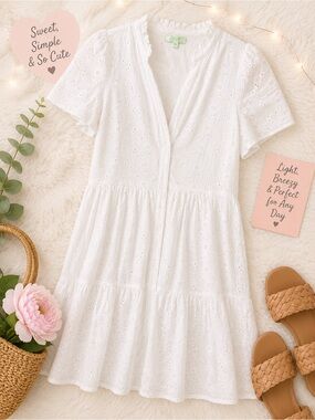 Jade by Melody Tam White Cotton  Eyelet Lace Dress XS Lined Short Sleeve (a1)